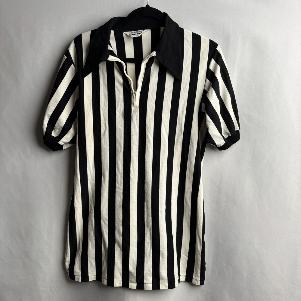 VTG 70s Sand-Knit Referee Shirt Mens Large Black White Striped Quarter Zip USA